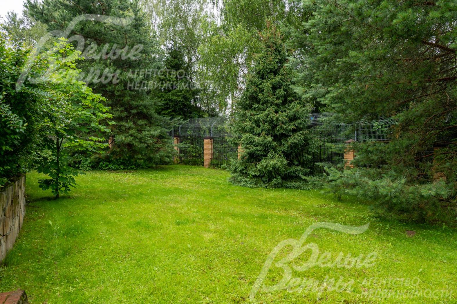 На участке выполнен проект паркового ландшафтного дизайна: высажен газон, взрослые хвойные деревья