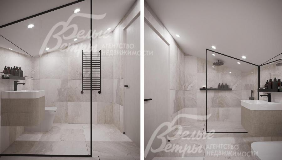 Визуализация дизайн-проекта мансардного этажа: санузел в светло-серых тонах с душевой