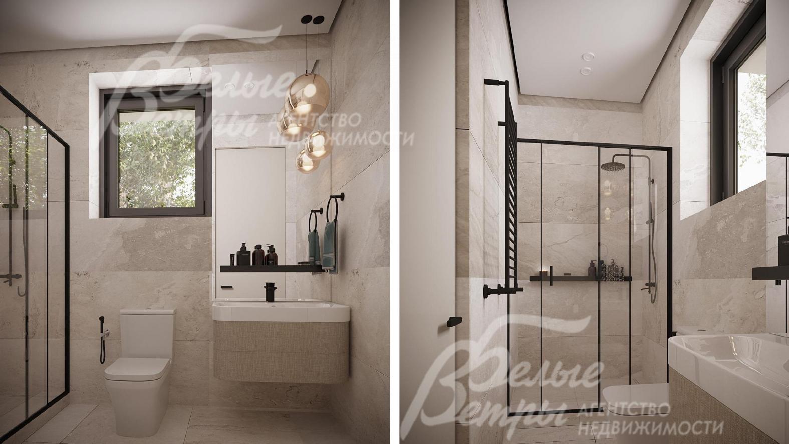 Визуализация дизайн-проекта 1-го этажа: санузел с плиткой в светло-бежевых тонах с душевой