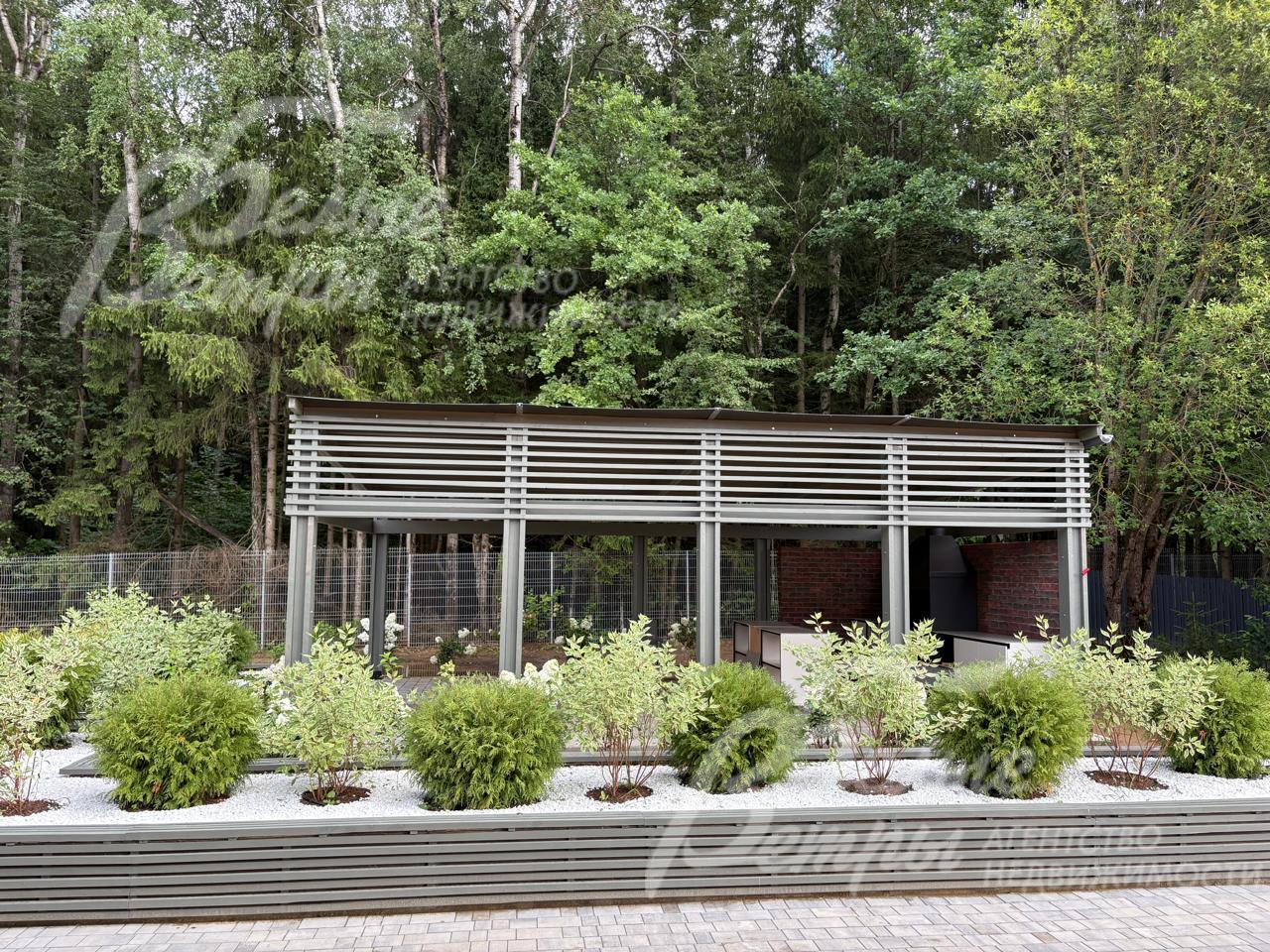 Вид на беседку и лес из дома