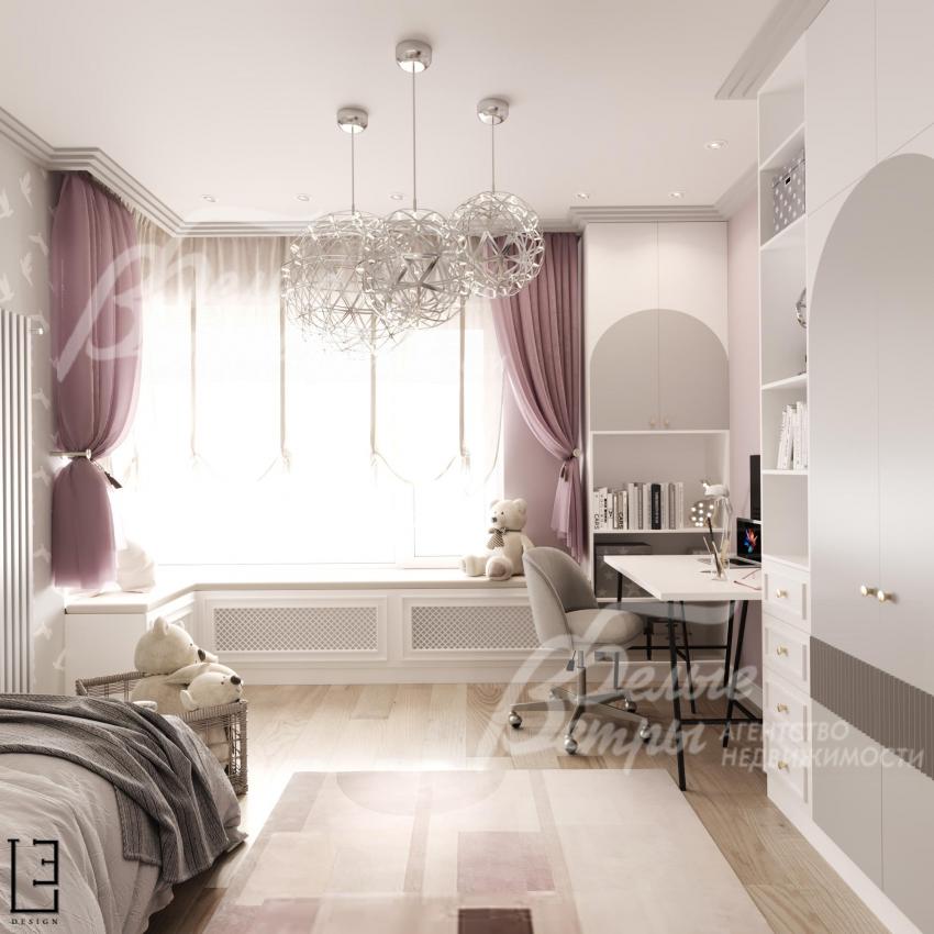 Визуализация дизайн проекта 2-го этажа: первая детская спальня на втором этаже с большим окном