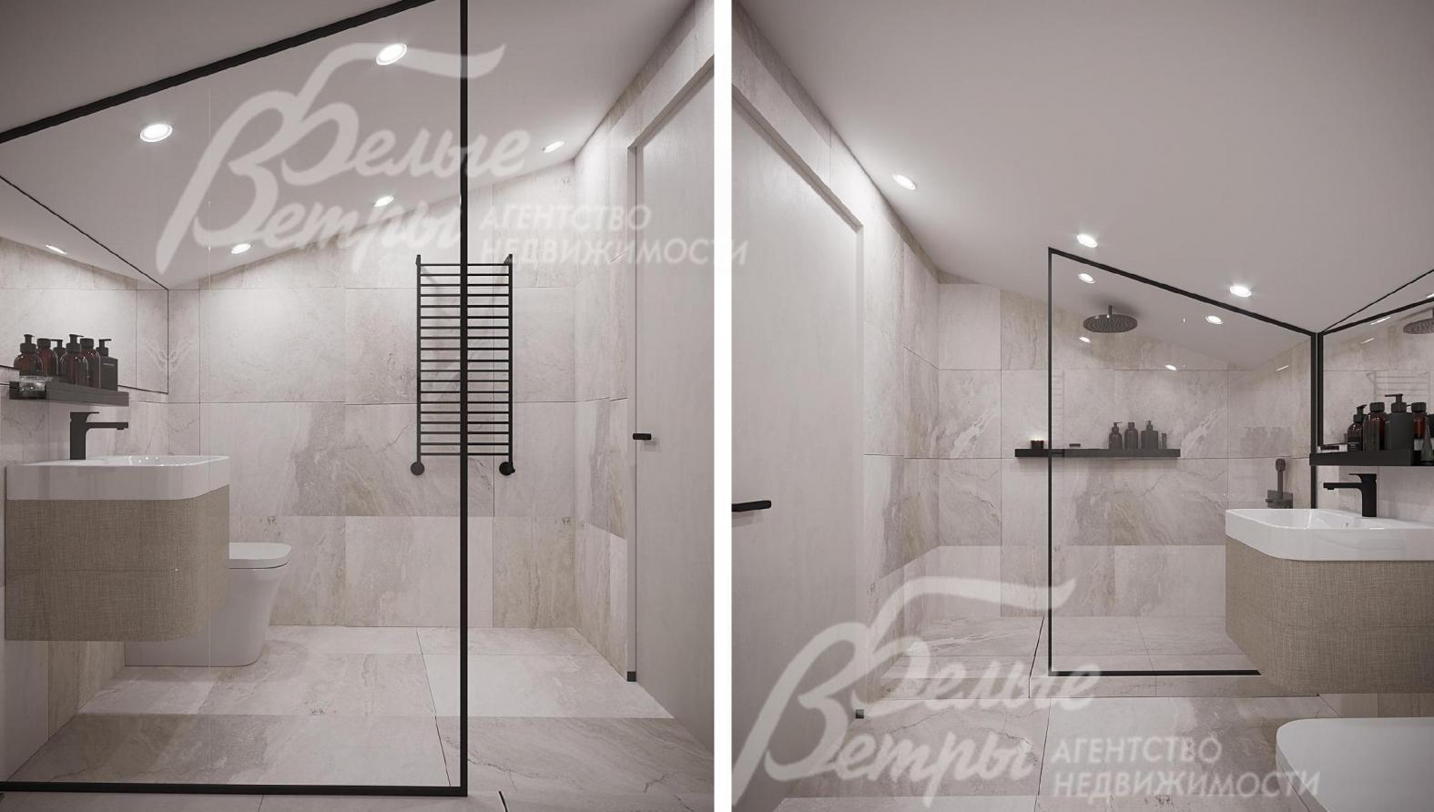 Визуализация дизайн-проекта мансардного этажа: санузел в светло-серых тонах с душевой