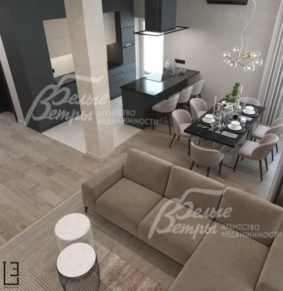 Визуализация дизайн проекта 1-го этажа: вид на объединённую кухню-столовую-гостиную