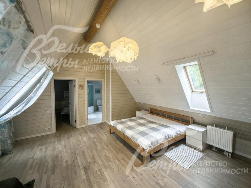 Мастер-спальня 23 кв.м в мансарде со своим санузлом и гардеробной.