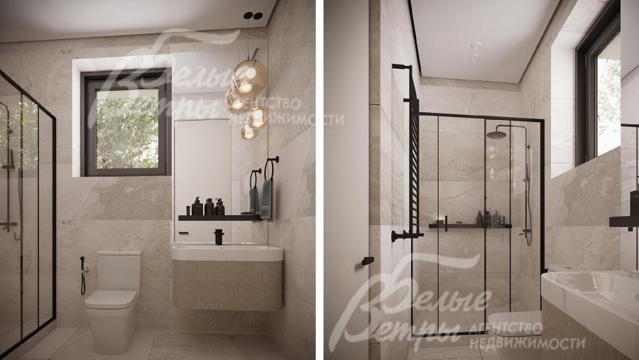 Визуализация дизайн-проекта 1-го этажа: санузел с плиткой в светло-бежевых тонах с душевой