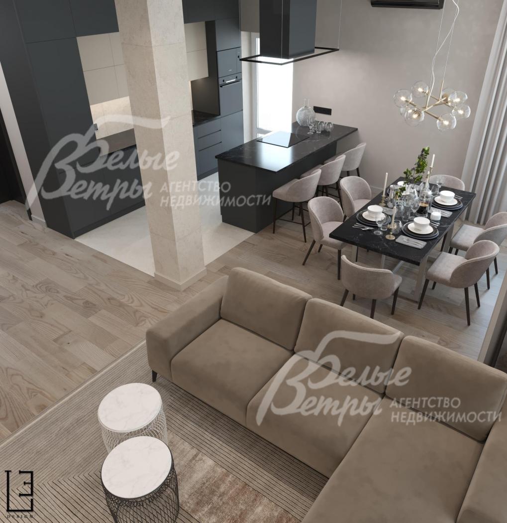 Визуализация дизайн проекта 1-го этажа: вид на объединённую кухню-столовую-гостиную